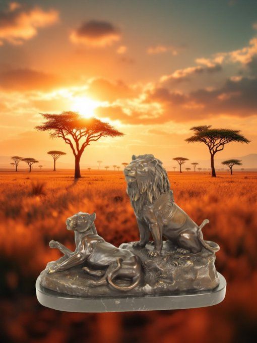 BA30.Exceptionnel bronze sur marbre d'un lion et sa lionne